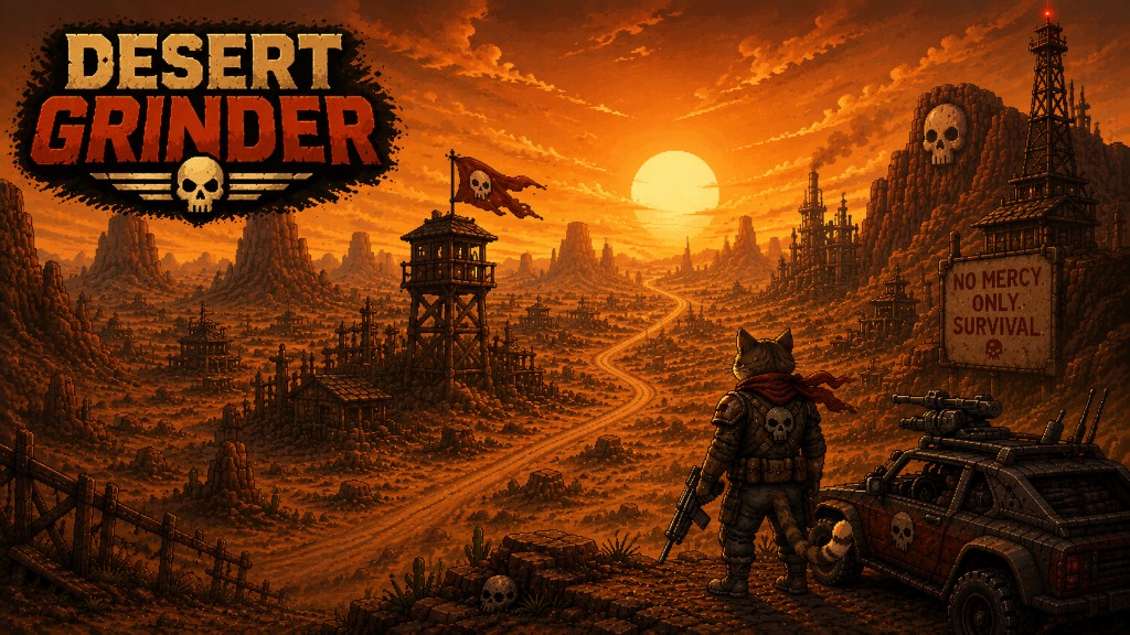 Desert Grinder key art — a feline mercenary overlooking a sun-scorched wasteland